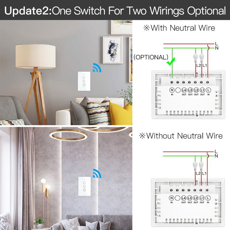 US Standard Wireless Remote Control 4Gang No Neutral Line Zigbee Light Switch Panel With Alexa and Google Home