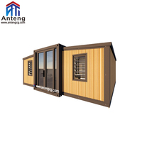 Maison conteneur extensible et pliable en bois grainé avec terrasse et auvent, 2 chambres, villa préfabriquée pour les vacances en famille et la vie en plein air