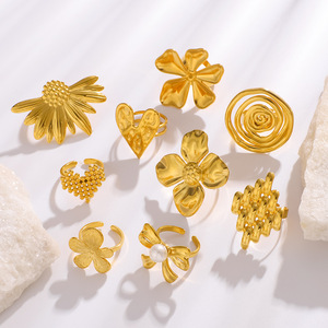 Anelli di Moda in Acciaio Inossidabile Placcato Oro <span class=keywords><strong>18K</strong></span> con Grande Girasole Esagerato, Perla, Farfalla e Cuore Personalizzati - Product Image 4