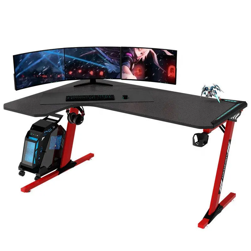 WSX8001 Best selling l-shaped RGB pc table carbon fiber texture gaming desk with led lights