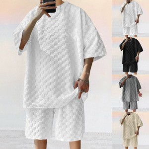 2024 hommes é<span class=keywords><strong>t</strong></span>é nouveau Jacquard à carreaux à manches courtes <span class=keywords><strong>T</strong></span>-<span class=keywords><strong>shirt</strong></span> ample grand Tube droit décontracté pantalon court ensemble de shorts - Product Image 1