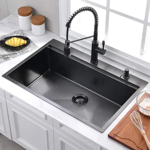 Aquacubic 33 Inch Drop In Workstation Nano Black 304 Stainless Steel Handmade Kitchen Sink With Ledge