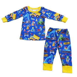 Wholesale kids toddler boy cartoon outfit baby boy pajamas boy tractor fishing gear truck outfit