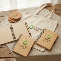 Ensemble cadeau promotionnel écologique personnalisé, carnet en bambou, stylo, sous-verre en liège, sac fourre-tout en toile pour événement d'entreprise