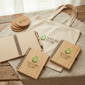 مجموعة هدايا ترويجية صديقة للبيئة مخصصة تشمل دفتر ملاحظات من الخيزران وقلم وحامل أكواب من الفلين وحقيبة قماشية للفعاليات المؤسسية - Product Image 1