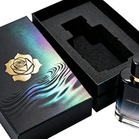 Boîte cadeau rigide pour parfum avec couvercle et base noirs personnalisés, thème floral en feuille d'or, emballage en carton avec insert en mousse EPE