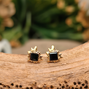 Fashion <b>Stud</b> <b>Earrings</b> 316L Stainless Steel PVD Gold Plating Square <b>Black</b> Stone Design - Product Image 3