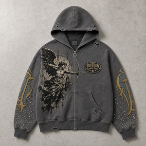 Felpa con Zip Oversize da Uomo in Cotone Pesante, Stile Vintage Retrò, Nera Sbiadita con Strass, Effetto Distressed, Streetwear - Product Image 2