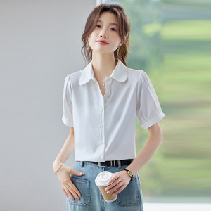 Women's Short Sleeve Chiffon Blouse Solid Color Button Front Wrap <b>Tie</b> Work Shirt For Office Commuting Professional Look - Product Image 4