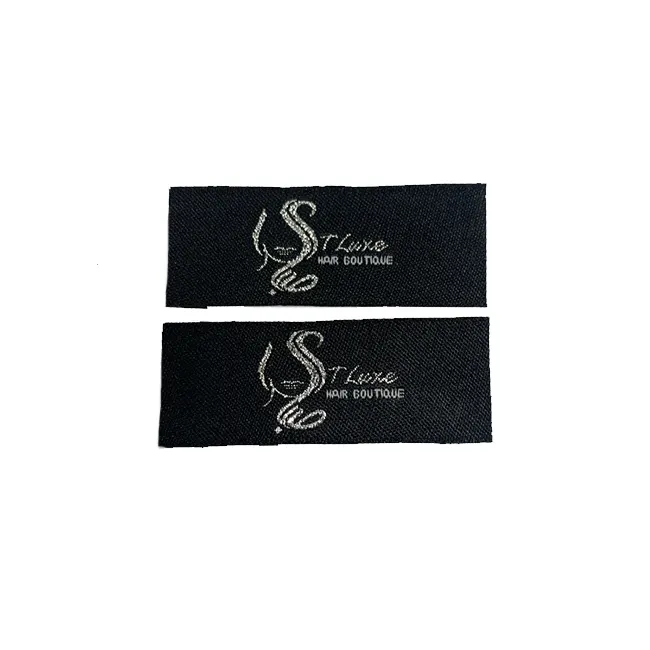 small MOQ custom embroidery logo hair extension woven label black silver gold fabric sew in wig labels