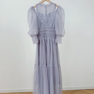 <span class=keywords><strong>Robe</strong></span> en Gaze Charmante à Manches Bouffantes Épaules Dénudées, Taille Cintrée Plissée en Chiffon Élégante pour Femme - Product Image 3