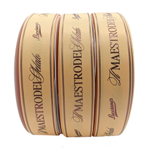 Op maat gemaakte cadeau-inpaklintrol, gerecycled 100% polyester grosgrain lint met 3D reliëf hete folie bedrukking gouden logo - Product Image 5