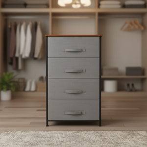 Commode grise en tissu à 4 niveaux avec cadre métallique et plateau en bois, tiroirs à ouverture facile, organisateur de rangement moderne pour salon et placard - Product Image 2