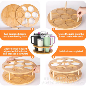 Bamboo rotating cup holder/water bottle organizer with handle, <b>kitchen</b> water cup storage <b>rack</b>. - Product Image 4