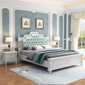 Luxury Dark Blue Tufted Modern Soft <b>Bed</b> Full Size Leather Upholstery Oak Wood <b>Frame</b> for Bedroom Furniture - Product Image 2