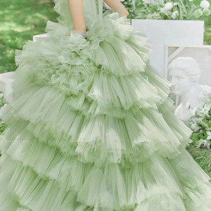 Ethereal Green Tulle Ball Gown Strapless Empire Waist Wedding Dress For Photography Portrait Sessions - Product Image 5