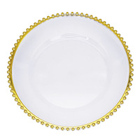 Vente en gros de 13 pouces blanc avec garniture dorée perlée assiettes de présentation de mariage transparentes verre réutilisable PP vaisselle en plastique vaisselle quantité minimale de commande 50pcs