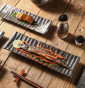 Glazed Rectangular 14 Inch Long Sushi Simple Black Restaurant Ceramic Serving Plate <b>Dinner</b> <b>Tray</b> Japanese - Product Image 6
