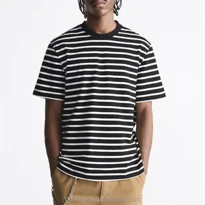 Camiseta 100% de algodón para hombre, camisa con logotipo bordado personalizado, rayas blancas y negras, fabricante de alta calidad - Product Image 1