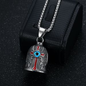 Collier cloche de vélo en acier inoxydable avec œil bleu et ailes de croix rouge, design rétro pour cyclistes - Product Image 2