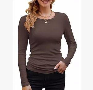 T-shirt Casual a maniche lunghe da <span class=keywords><strong>donna</strong></span> di alta qualità a girocollo elasticizzato <span class=keywords><strong>Basic</strong></span> top a costine Slim Fit - Product Image 5