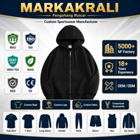 Sudadera con capucha negra de algodón grueso con cremallera completa, logotipo personalizado, hombros caídos, estilo oversize, bolsillo canguro y puños acanalados.