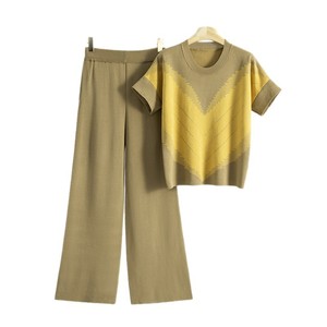 Ensemble de vêtements en tricot pour femmes, haut à col en V avec patchwork, pantalon large, tenue décontractée, jaune beige, taille 30-50 - Product Image 5