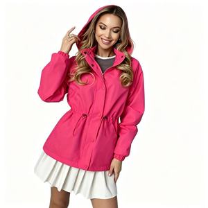 <strong>Women</strong> Casual Solid Hooded Drawstring Waist Waterproof Windbreaker Jacket Outdoor Loose Long Sleeve <strong>Lightweight</strong> <strong>Coat</strong> - Product Image 5