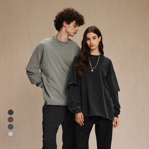 2024 otoño marca Retro dos bordes enrollados cuello redondo manga larga Camiseta hombres hacer viejo teñido lavado agua sudaderas - Product Image 3