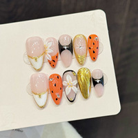 Ongles Press-On Faits Main de Luxe, Motif Fleur 3D Noir Orange, Faux Ongles Réutilisables, French Manucure Personnalisée, Vente en Gros