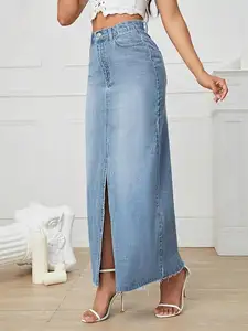 Mujer Falda larga jeans frente abierto derramado Denim color azul claro para 2024 nueva llegada