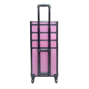 Professionele 4 In 1 Vanity Aluminium Makeup Box Trolley Cosmetische Organizer Trein Case Met Wielen