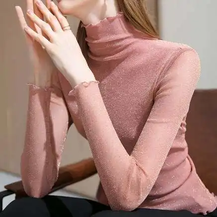 Newest fashion high neck women blouse net long sleeve elegant sexy tops