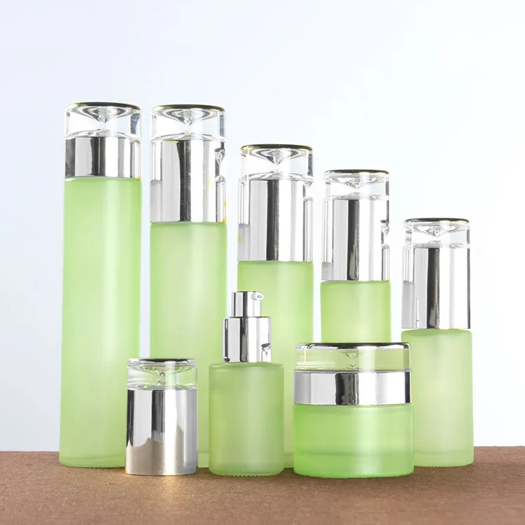 Green Frosted Cosmetics Containers and Packaging with Silver Lid