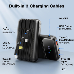 เครื่องชาร์จแบบพกพา hyto 10000mAh พร้อมสายเคเบิ้ลในตัว PD 22.5W ชาร์จเร็ว USB C แบตเตอรี่แพ็คแบตเตอรี่สำรองโทรศัพท์มือถือจอแสดงผล LED - Product Image 2