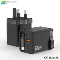 Câble rétractable 65W GaN PD 3.0 QC2.0 pour ordinateur portable, 2 ports Type-C et 1 port USB-A, charge rapide, prise UK, chargeur mural pour Macbook