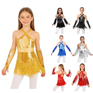 Costumes de danse pour filles de 6 à 16 ans, costumes de danse latine Cha-Cha, justaucorps avec gants métalliques pour les compétitions de salsa - Product Image 1