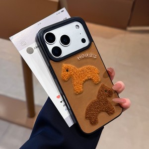 Cute cowboy leather embroider plush brown horse phone case stitchwork <b>back</b> cover for iPhone 11 pro max 12 13 14 15 16 17Air - Product Image 3