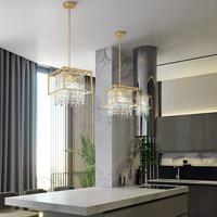 Suspension LED carrée minimaliste moderne en cristal, à tête unique, avec cadre en fer et culot E12 AC pour plafond de restaurant et salle à manger