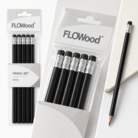 FLOWood Lot de 5 crayons en bois, crayons à mine noire avec gomme, sac de rangement suspendu, pour bureau et école