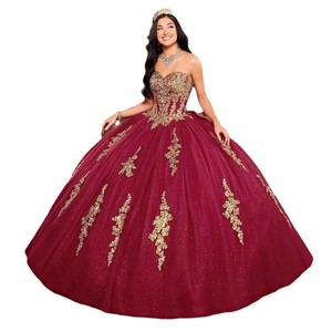 Gold Lace Applique Strapless Tulle Ball Gown Natural Waistline Floral Print Prom Dress Adult - Product Image 5