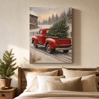 Tableau mural en toile vintage avec camion rouge de Noël, pick-up rétro imprimé avec sapin de Noël, décoration murale rustique pour les fêtes