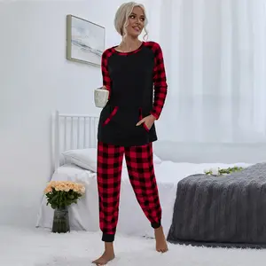 Kadın pijama setleri uzun kollu Loungewear Set yumuşak pijama üst ve pantolon ekose pijama noel