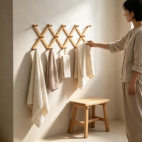 Porte-manteau mural moderne en bambou, extensible, réglable et pliable, avec 14 crochets, pour salle de bain, chambre et maison
