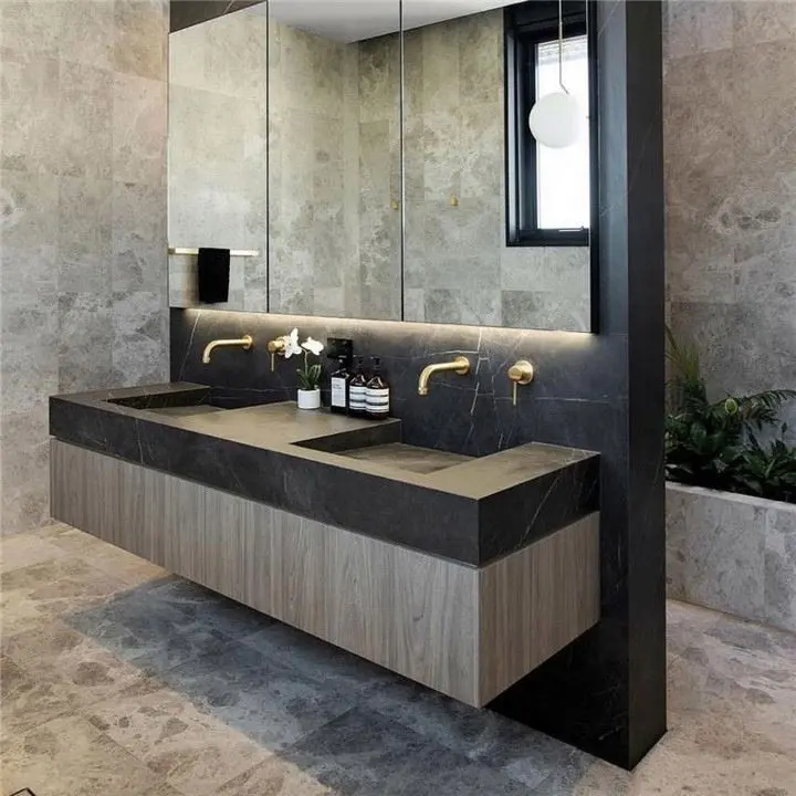 SHANGJU आधुनिक लकड़ी बाथरूम Vanities डबल सिंक निविड़ अंधकार बाथरूम कैबिनेट