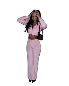 <span class=keywords><strong>GR</strong></span> abbigliamento moda set da <span class=keywords><strong>donna</strong></span> rosa felpa con Zip e cappuccio pantaloni a zampillo velluti tuta personalizzata - Product Image 1