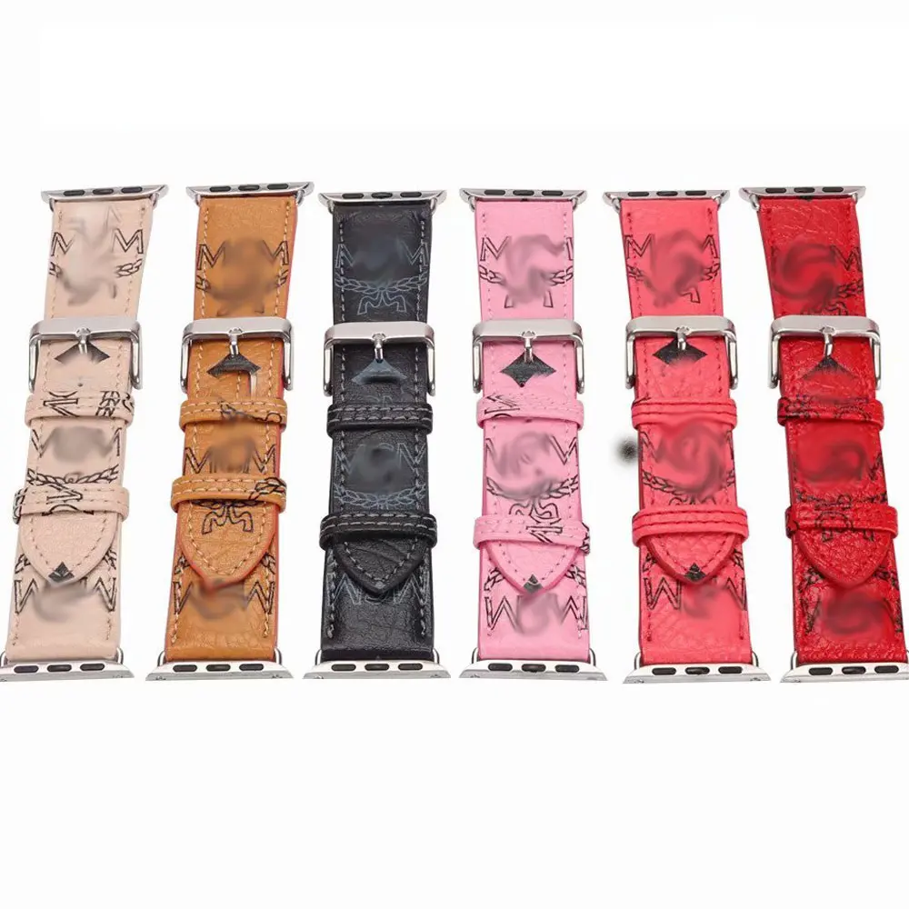 Luxury Logo Woman Man Leather Smart Watch Band Printed Flowers Leather Watch Band Bracelet For Apple Watch Band Leather