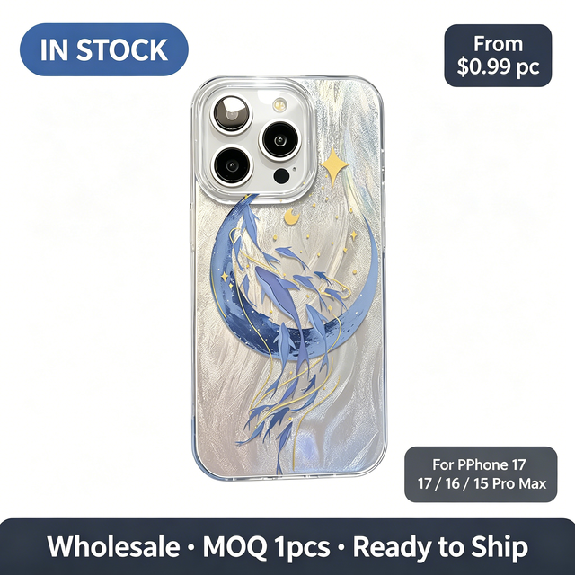 Dreamy Blue Moon Whales Art Pattern Glitter TPU Case, Cute Soft Shockproof Phone Cover for iPhone 17 16 15 14 13 Pro Max