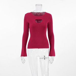 Wholesale Solid Color Long Sleeve Keyhole Sweetheart Knitted Fall <b>Winter</b> Tops for Women Fashion - Product Image 3