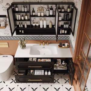 Meuble-lavabo de salle de bain en bois massif de style rétro français, peinture cuite durable, rangement spacieux - Product Image 4